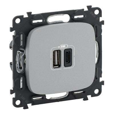 Зарядное устройство с двумя USB type A+type C разъемами Legrand Valena Allure алюминий