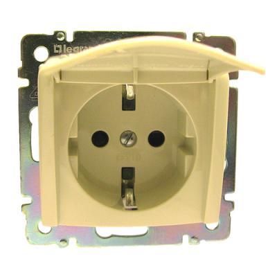 Розетка с заземлением и защитными шторками с крышкой винтовые зажимы Legrand Valena  слоновая кость