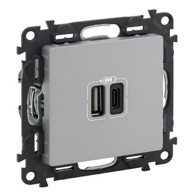 Зарядное устройство с двумя USB type A+type C разъемами Legrand Valena Life алюминий