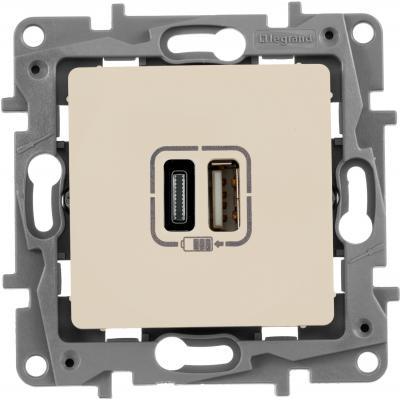 Зарядное устройство с двумя USB type A+type C разъемами Legrand Etika слоновая кость