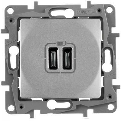 Зарядное устройство с двумя USB type C разъемами Legrand Etika алюминий