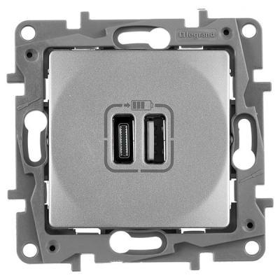 Зарядное устройство с двумя USB type A+type C разъемами Legrand Etika алюминий