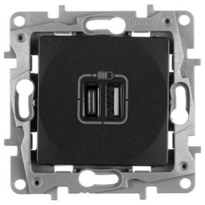 Зарядное устройство с двумя USB type A+type C разъемами Legrand Etika черный