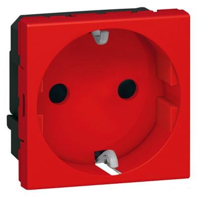 Механизм розетки с заземлением и защитными шторками немецкий стандарт безвинтовые зажимы  2 модуля Legrand Mosaic красный