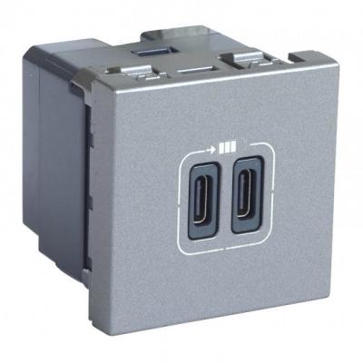 Механизм зарядного устройства с  двумя USB type C разъемами 3А 15Вт 2 модуля Legrand Mosaic алюминий