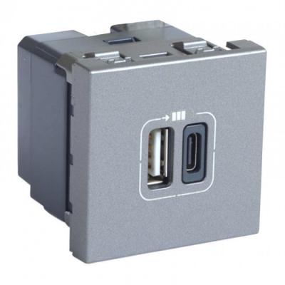 Механизм зарядного устройства с двумя USB type A+type C разъемами 3А 15Вт 2 модуля Legrand Mosaic алюминий