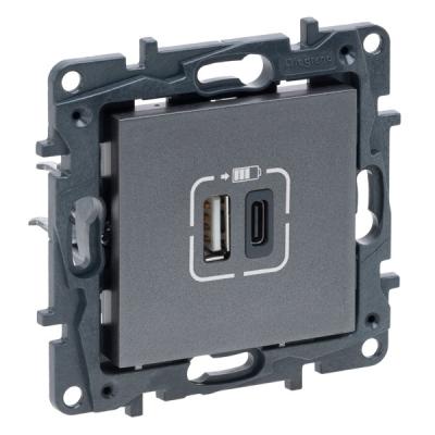 Зарядное устройство с двумя USB type A+type C разъемами Legrand Niloe Step сталь