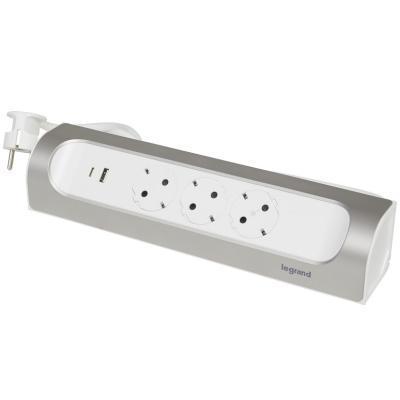 Удлинитель угловой с 4 розетками с заземлением 16 А и USB A+C с кабелем 1 м Legrand Алюминий/Белый
