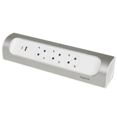 Удлинитель угловой с 4 розетками с заземлением 16 А и USB A+C без кабеля Legrand Алюминий/Белый