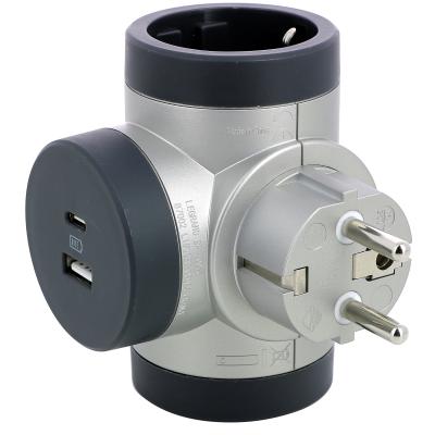 Многорозеточный поворотный блок с 2 розетками с заземлением 16 А  и  USB A+C Legrand ПРЕМИУМ Алюминий/Черный